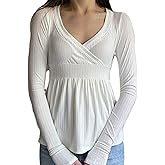 Women Long Sleeve Babydoll Top Y2K V Neck Lace Trim Peplum Shirt Fairy Grunge Tops Vintage Coquette Blouse