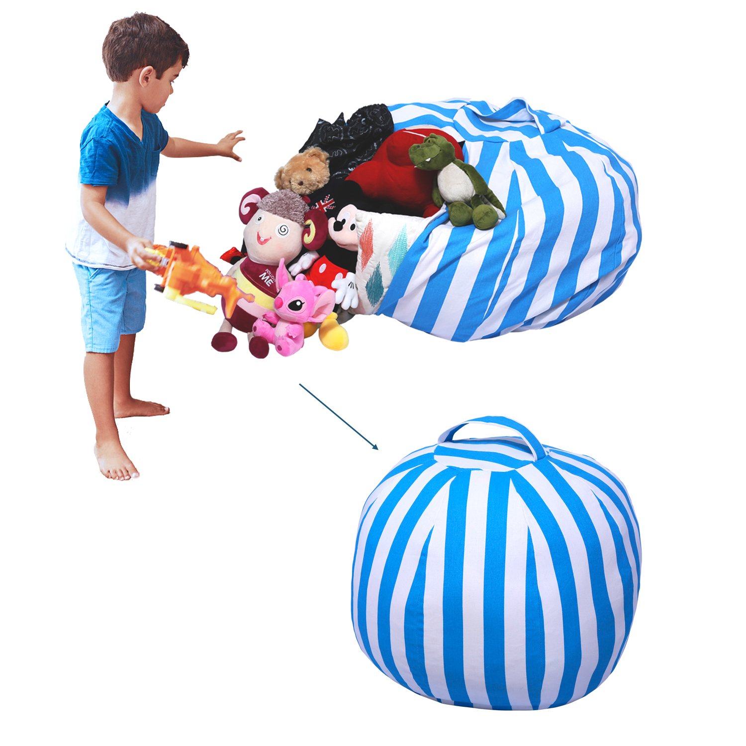 Yotree Stuffed Animal Storage Bean Bag Chair Useful Extra Large Kids Toy Organizer Clean up the Room and Put Those Critters in Order(Blue Stripes)