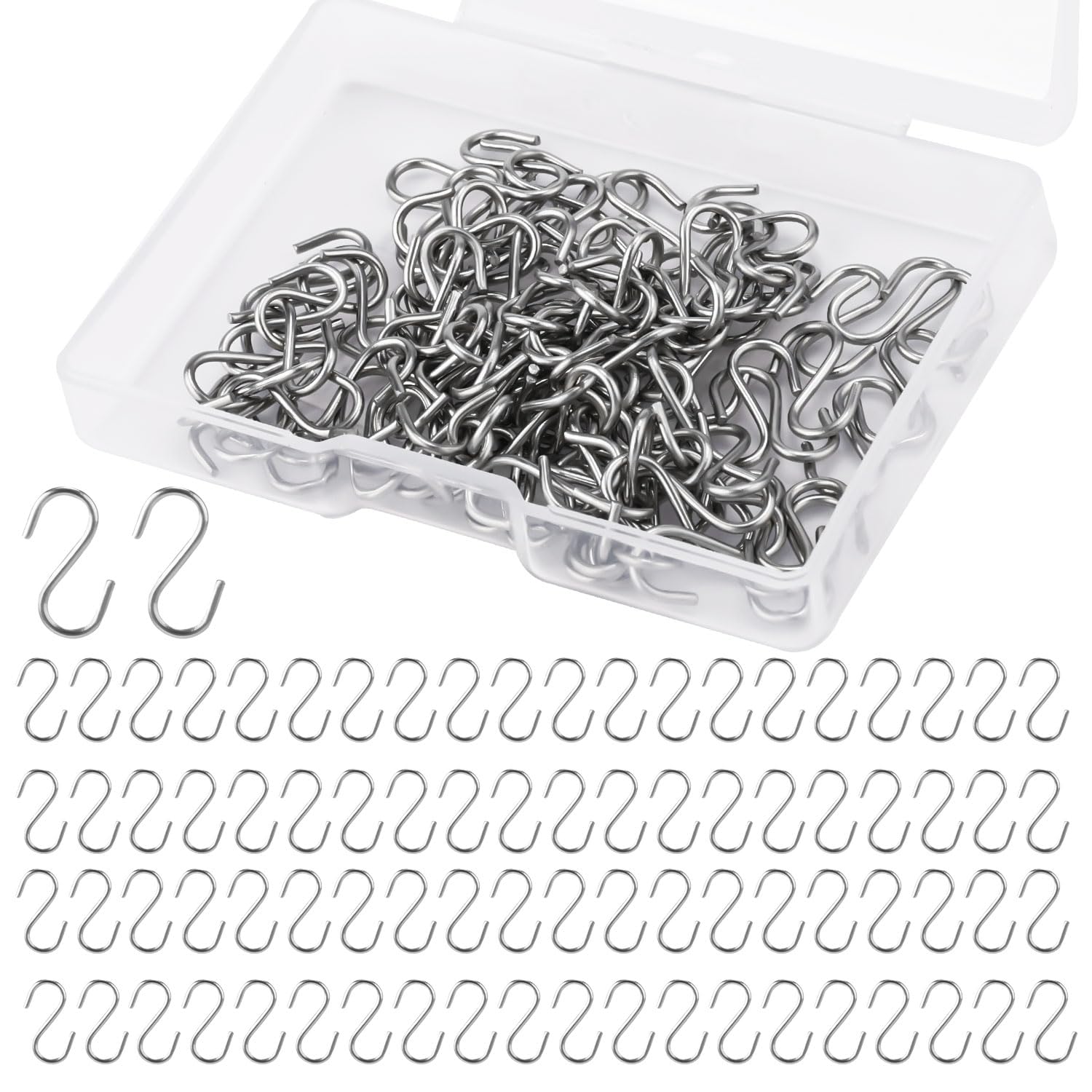 NQEUEPN 100pcs Small S Shaped Hooks, Mini Stainless Steel Hooks with Storage Box for DIY Crafts, Jewelry, Key Chain Tags (Silver)