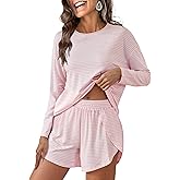 ANRABESS Womens Long Sleeve Pajama Sets 2025 Fall 2 Piece Outfits Lounge Matching Short Set Striped Pjs Loungewear Sleepwear