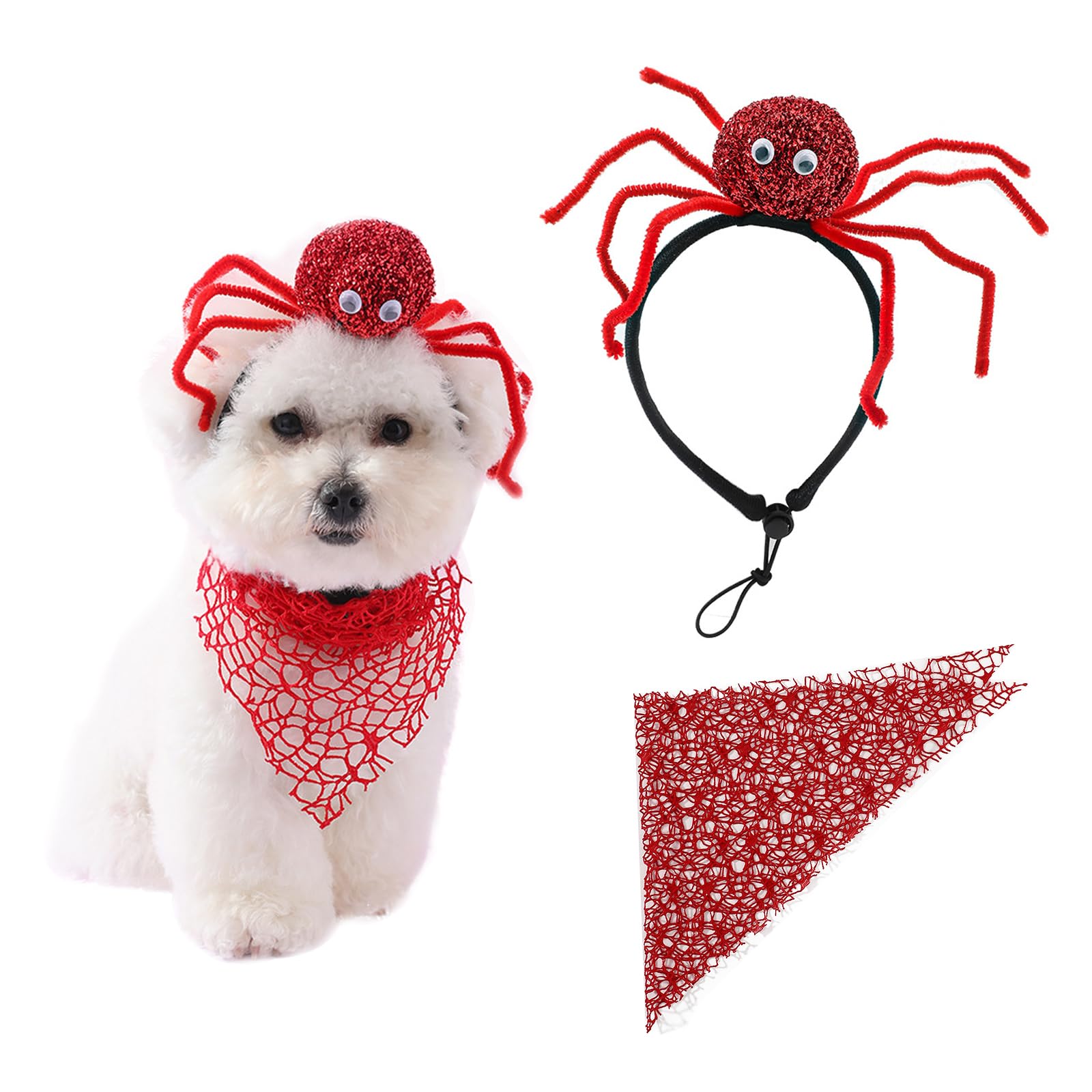 AWOCAN Cute Red Spider Headband and Pet Drool Bandana Set Halloween Pet Accessory (red)