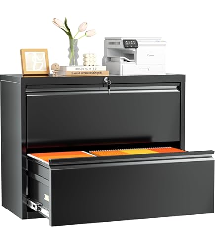 GangMei 3 Drawer Lateral File Cabinet - Wide Metal Filing Cabinet With Locks For Letter/Legal/A4 Files, Black, Assembly Required