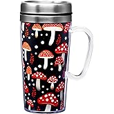 Spoontiques Insulated Travel Mug, 14oz - Double Wall Stainless & Acrylic Drink Cup with Twist Top Lid & Handle - Mushroom