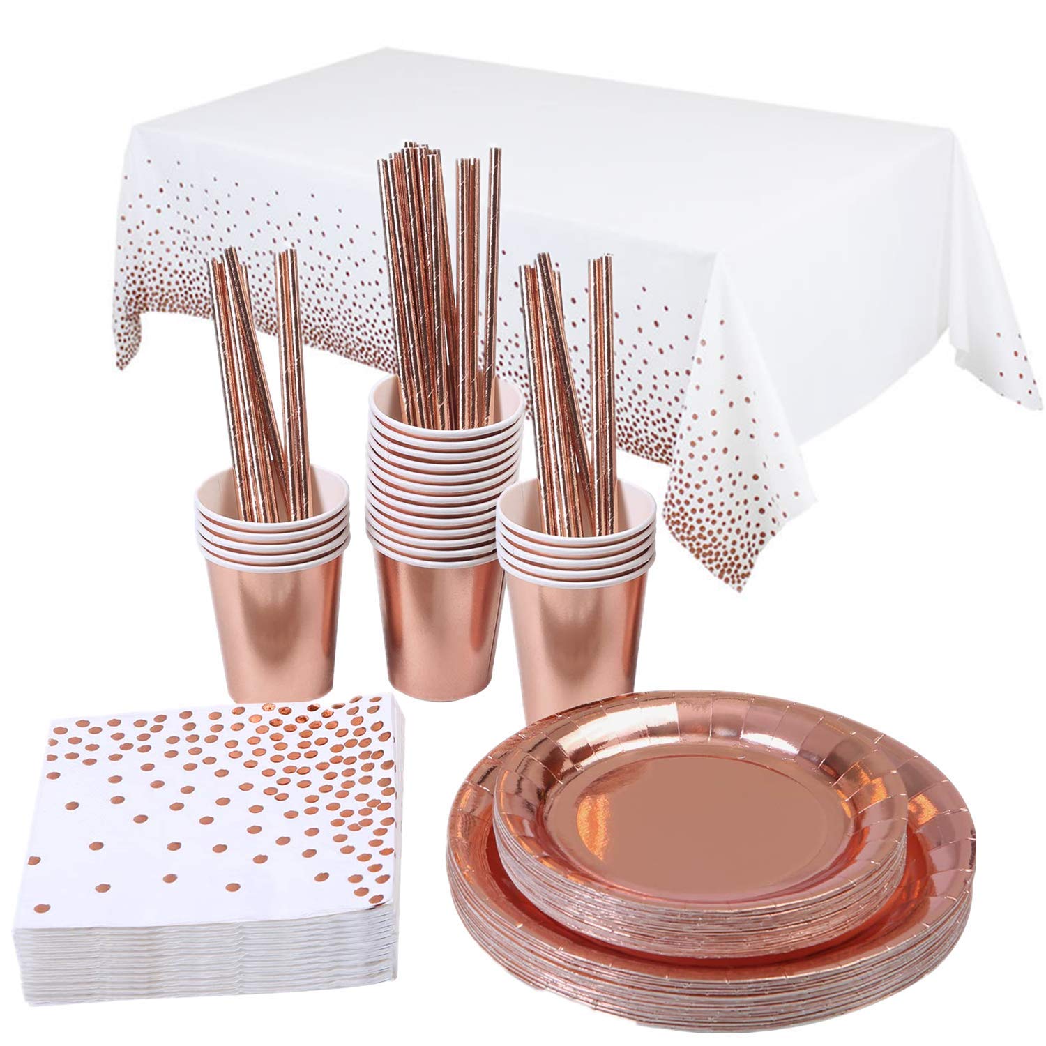 TOPWAYS Rose Gold Birthday Decorations Party Tableware Set, Disposable Paper Party Plates Cups Napkins Tablecloth Decorations for Kids Women Men Birthday, Weddings, Picnics, Anniversary (16 Guests)