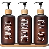 MOMEEMO Amber Shower Dispenser Set, Contains 3 Extra-Thick PET Plastic Bottles with Bamboo Pumps, Shampoo and Conditioner Dispenser for Shower Perfect for Modern Bathroom Decor. (Amber)