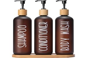 MOMEEMO Amber Shower Dispenser Set, Contains 3 Extra-Thick PET Plastic Bottles with Bamboo Pumps, Shampoo and Conditioner Dis