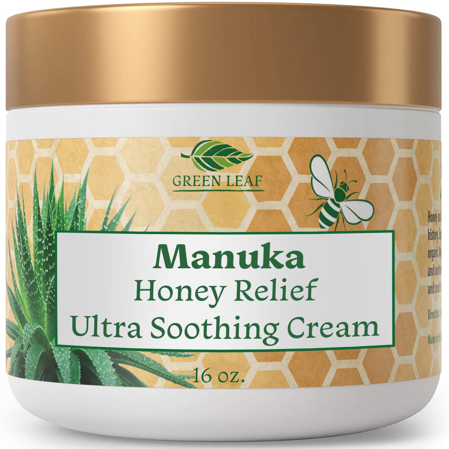 Green Leaf Naturals - Manuka Honey Face Cream - 16oz -Aloe Vera - Jojoba Oil Infused - Body Cream - Gluten Free Moisturizer for Kids & Adults - Nourishing Skin Care
