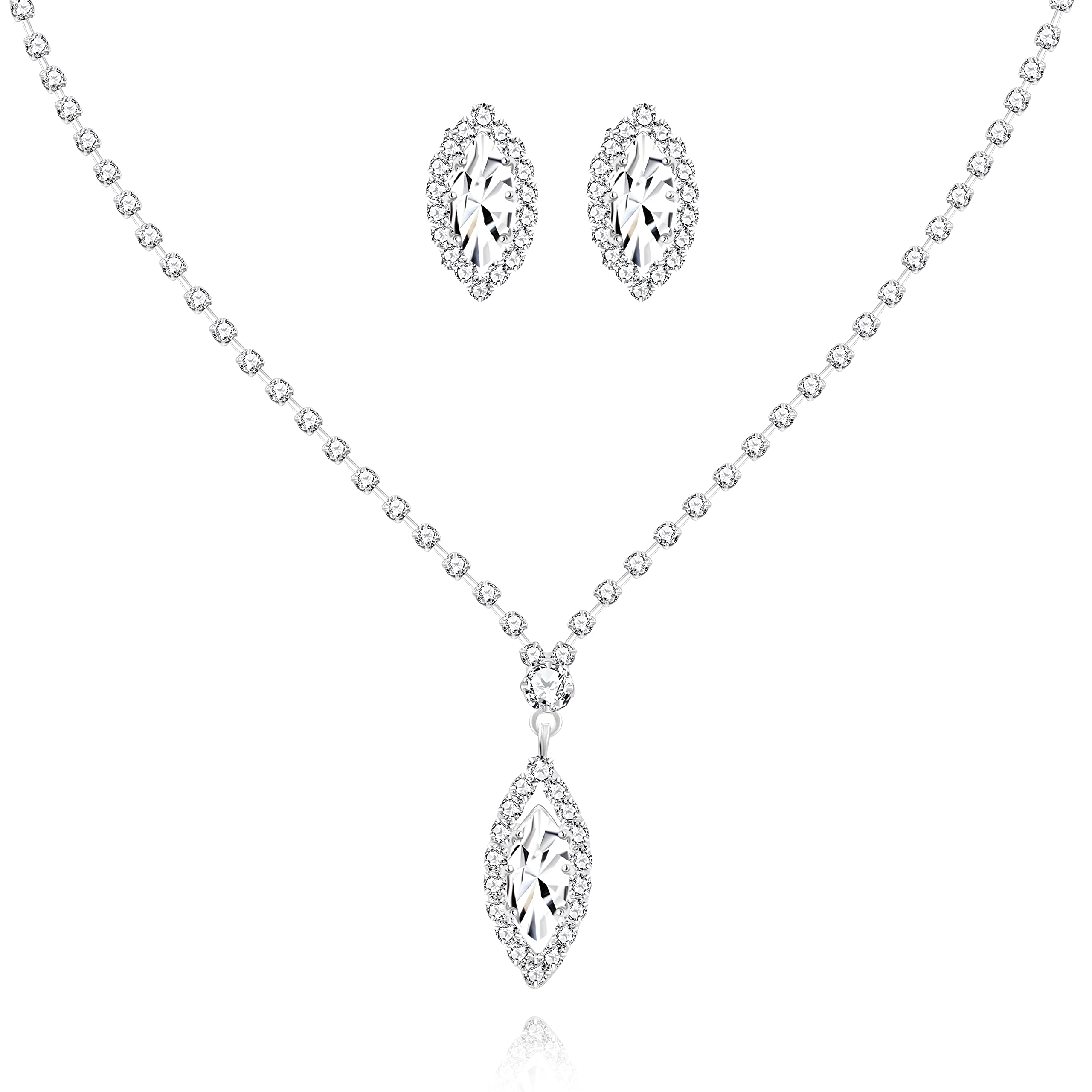 Uloveido Crystal Necklace and Stud Earrings Set, Silver Color Marquise Cubic Zirconia Diamond Wedding Bridal Set for Women Bridesmaid Jewelry CA533