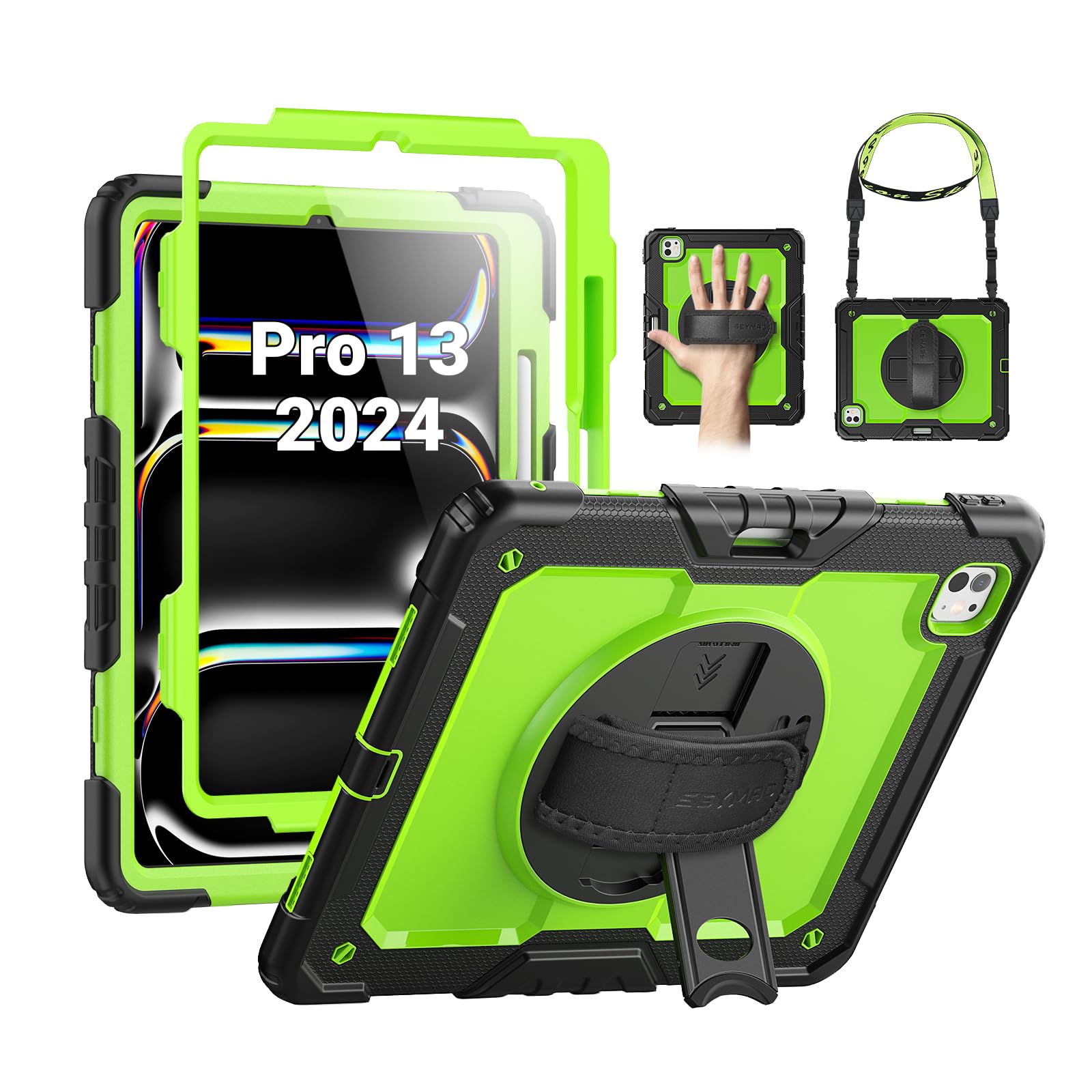 Photo 1 of SEYMAC for iPad Pro 13 Inch Case M4 2024 (7th Generation), Heavy Duty Shockproof Protective Case with Screen Protector, 360° Rotating Stand, Hand/Shoulder Strap and Pen Holder, Green
