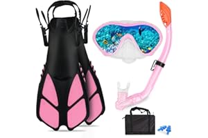 AosDero Kids Snorkeling Set - Adjustable Flippers + Panoramic Snorkel Mask + Dry Snorkel Tube + Travel Bags - Suitable for Kids & Juniors, Age 5-14