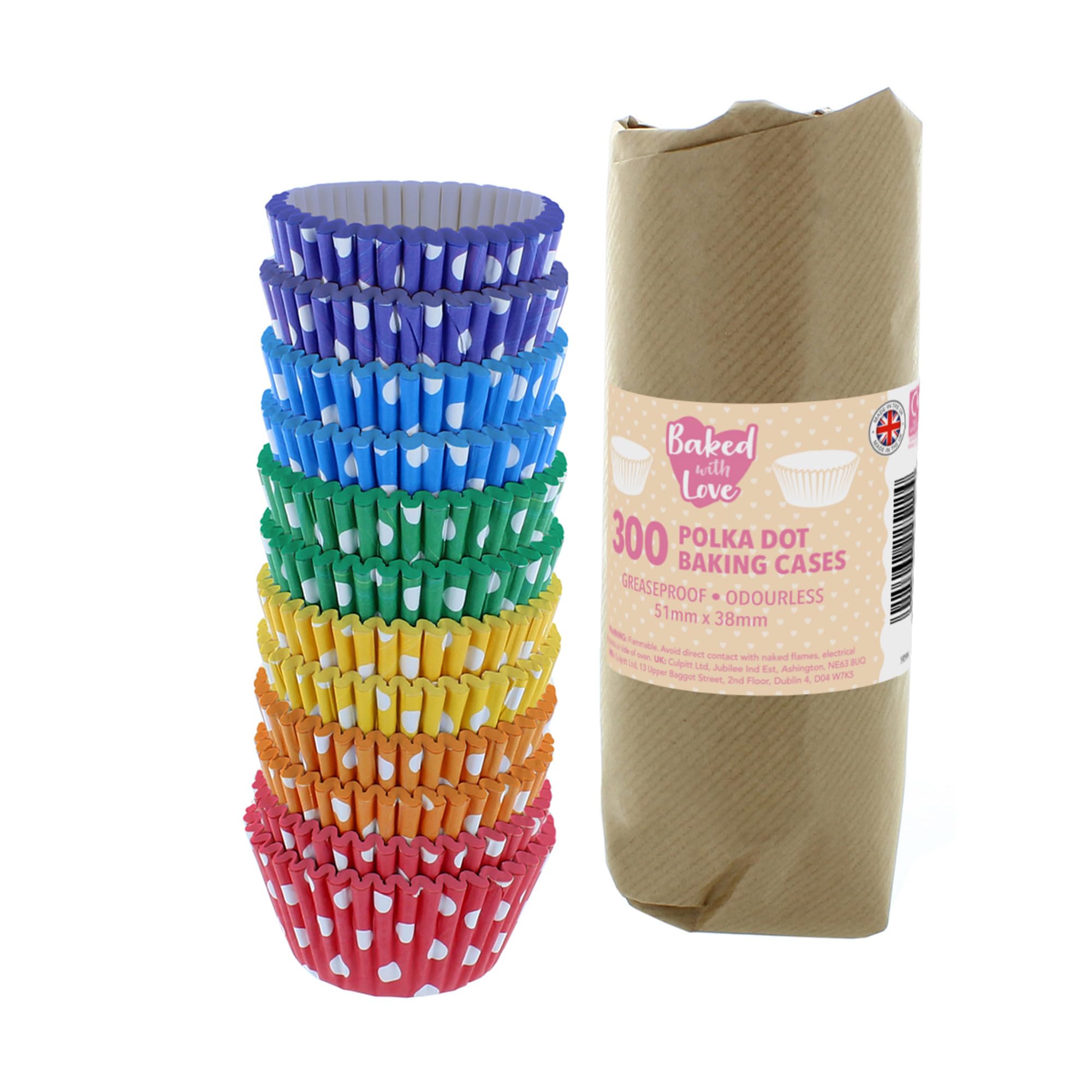 Baked With Love Polka Dot Cupcake Cases - 300-50mm Baking Cups with White Spots, Purple, Blue, Green, Yellow, Orange, Red, Greaseproof Paper Cases for Muffins and Cupcakes, Bulk Pack of 300
