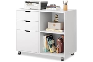 DEVAISE 3-Drawer Wood File Cabinet, Mobile Lateral Filing Cabinet, Printer Stand with Open Storage Shelves for Home Office, White