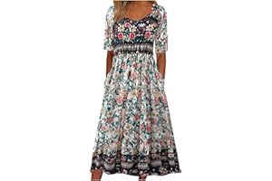 TWRWX Casual Dresses for Women Boho Floral Flowy A Line Dress Summer Short Sleeve Dress Beach Vacation Dresses with Pockets