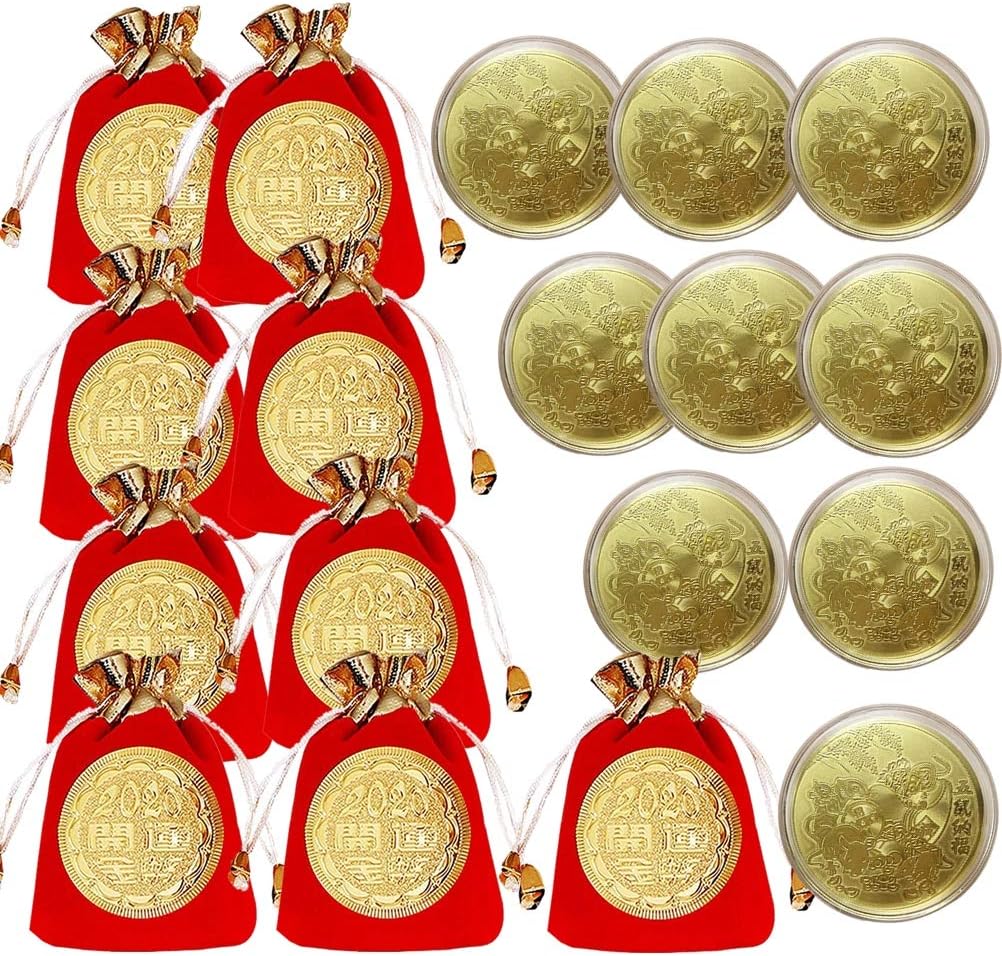 Yesoa 9Pcs Rat Year Collection Coins Pendants Commemorative Coin 2020 Chinese New Year Souvenir Coins with red Gift Bag
