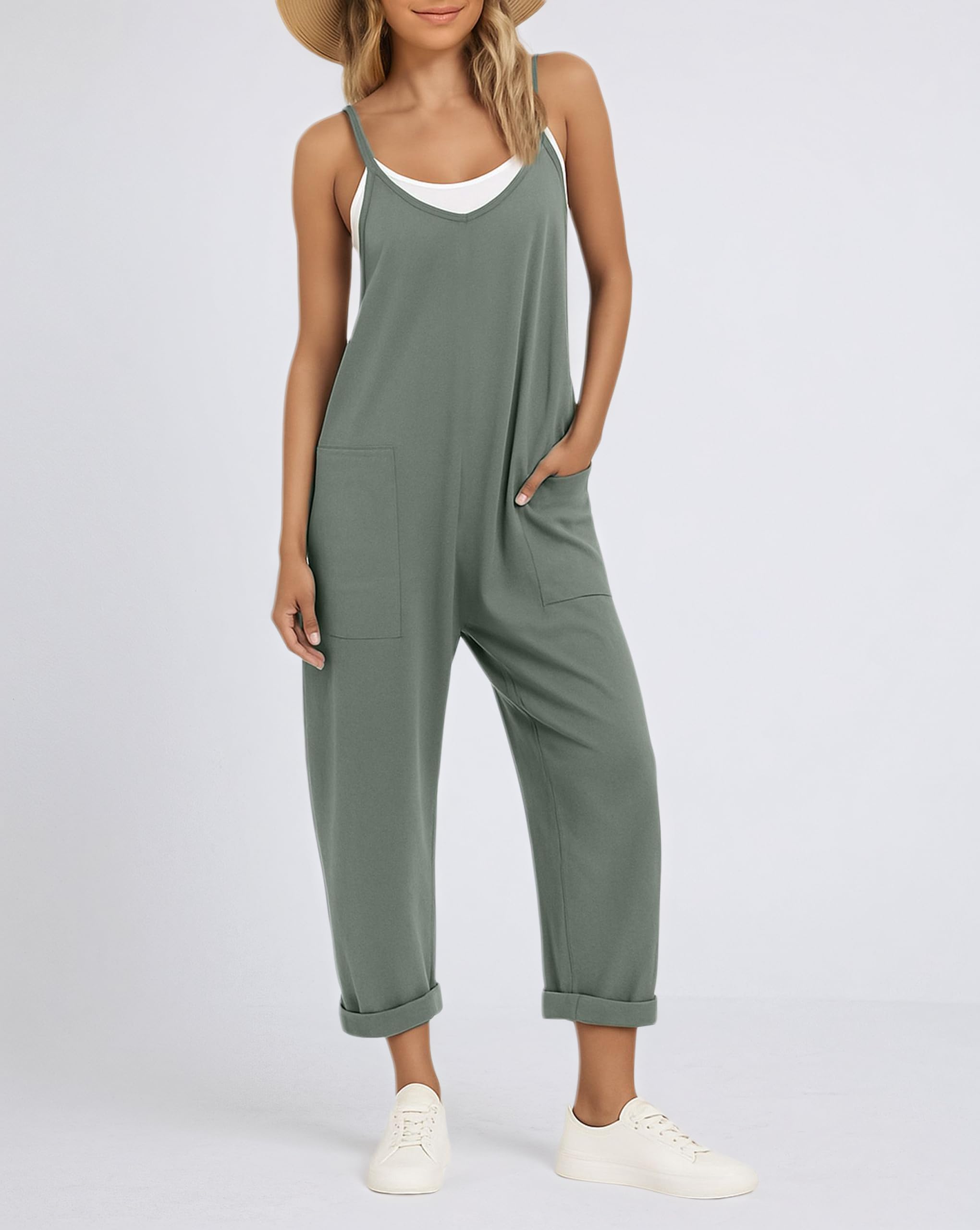 Photo 1 of Women's Loose Jumpsuit V-neck Halter with Pockets Casual Fit for Everyday Wear Summer,Green,S