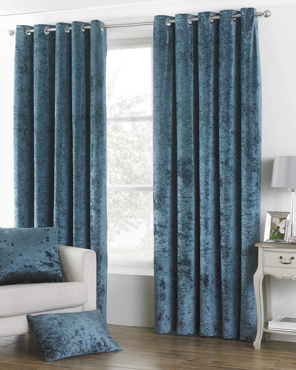 Riva Paoletti Verona Ringtop Eyelet Curtains (Pair), Teal Blue, Velvet Feel, Crushed Velvet Look, Ready Made, 100% Polyester