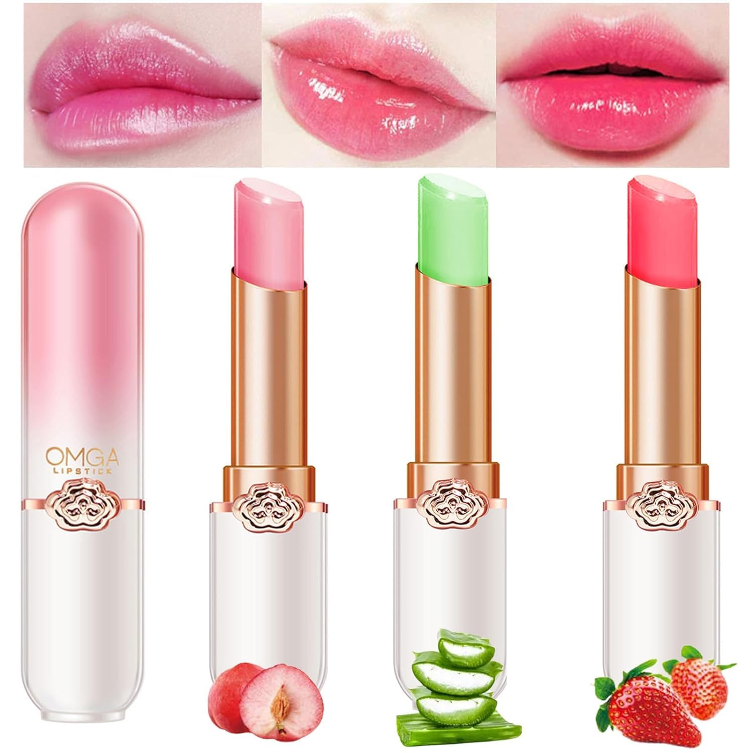 3 Packs Jelly Lipstick Set, Fruit Color Change Lip Balm Set, Peach Aloe Vera Strawberry Color Change Lip Balm, Long Lasting Moisturizer Lip Makeup Set (3PCS) — image 1