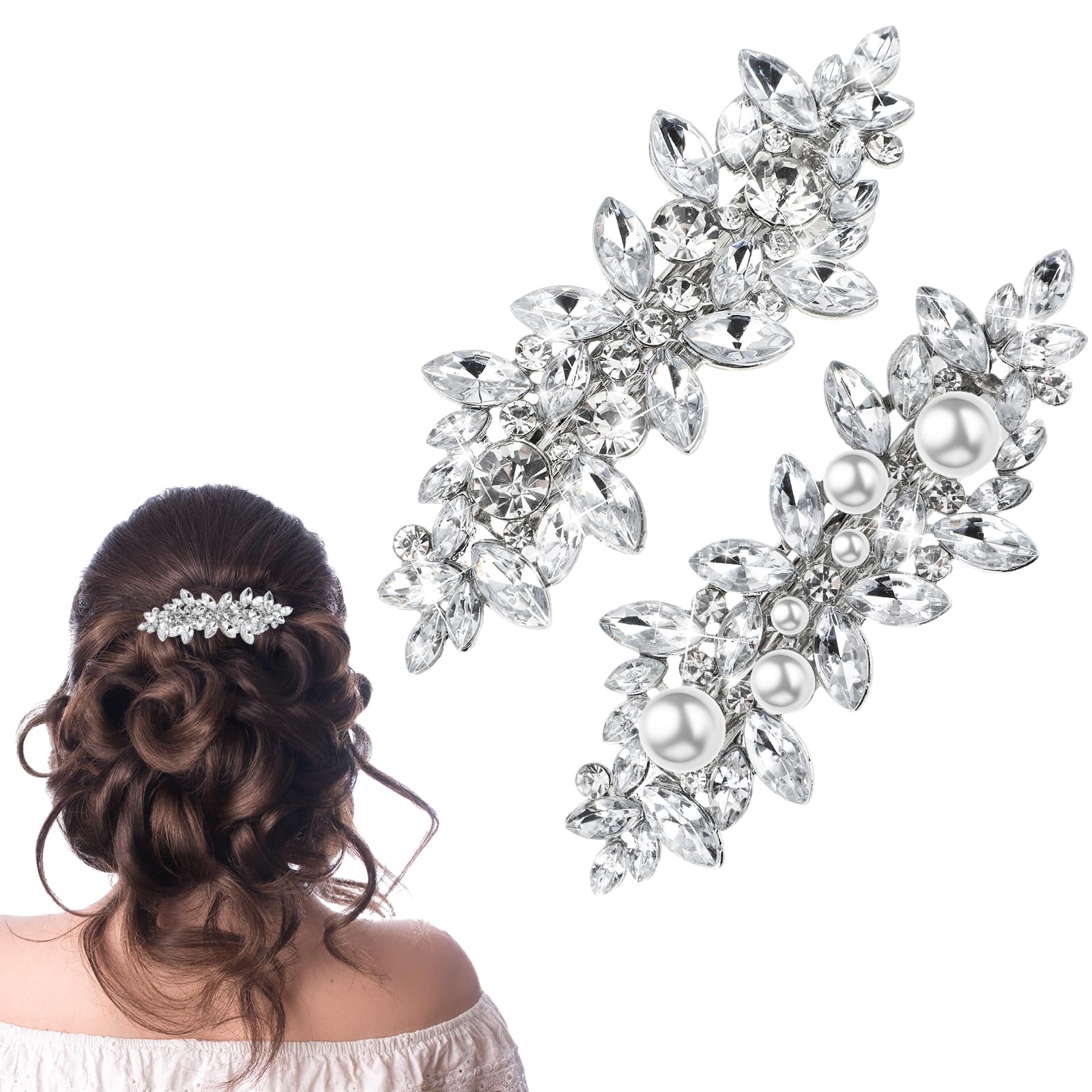 Mabor Rhinestone Hair Clips - 2 Pcs for Thick Hair, Elegant Silver Design, Women's Dressy Barrettes for Wedding Party