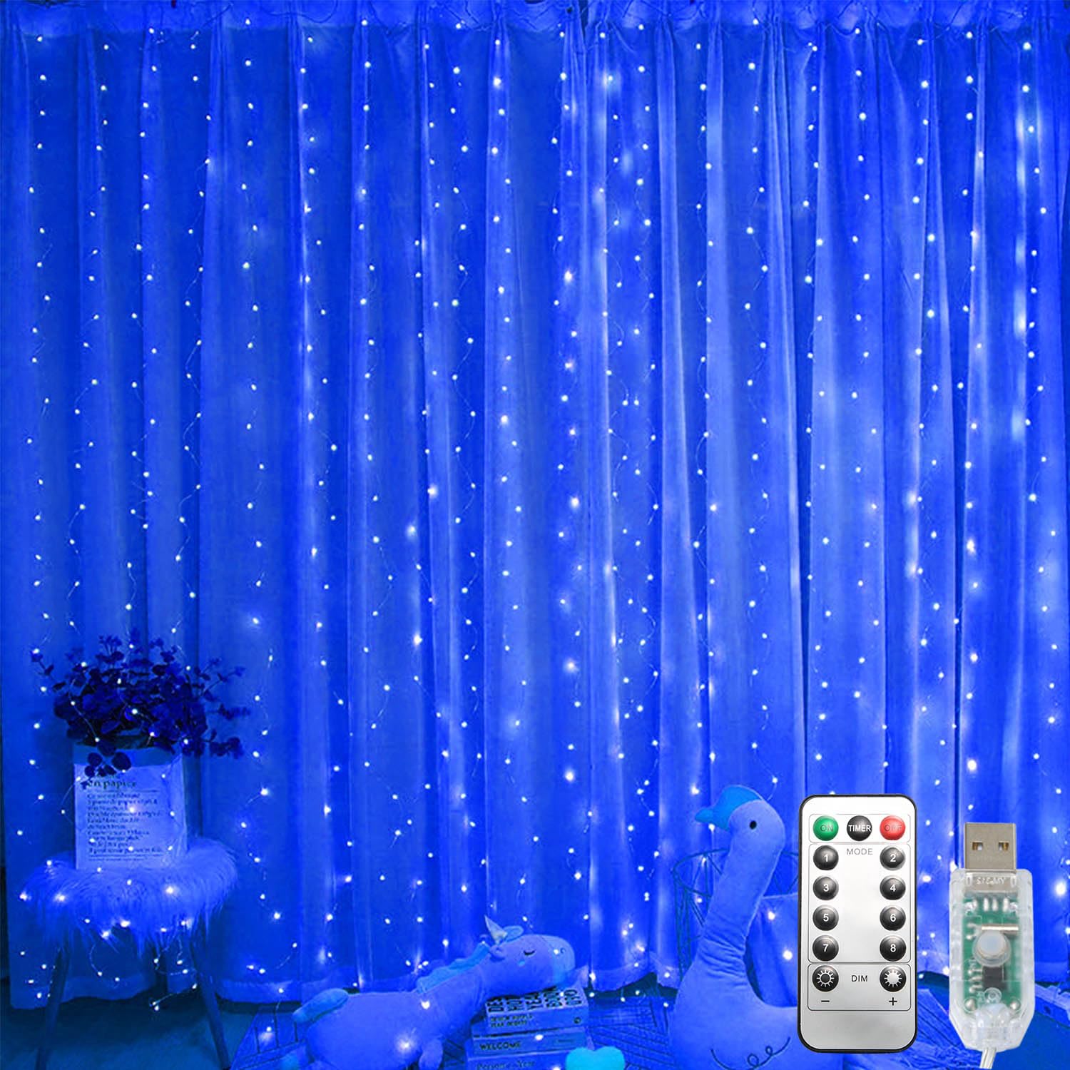 Photo 1 of *2 PACKS* 300 LED Fairy Lights, Twinkle Lights with 8 Light Modes, 9.8x9.8Ft Curtain String Lights Remote Control for Christmas, Bedroom, Indoor, Outdoor, Weddings, Party, Camping Decor (Blue)