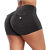 FITTOO Scrunch Butt Lifting Shorts for Women with Pocket Cross High Waist Crossover Yoga Workout Booty Shorts