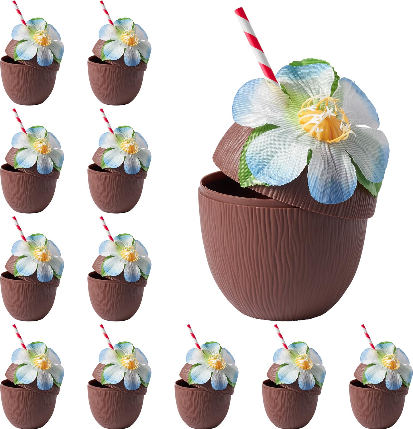 THE TWIDDLERS 12 Reusable Plastic Coconut Cups with Flowers for Decoration & Paper Straws - Cocktail Glasses for Garden, Pool & Beach Parties - Tiki Bar, Hawaiian-Themed Luau Party, Tropical Wedding