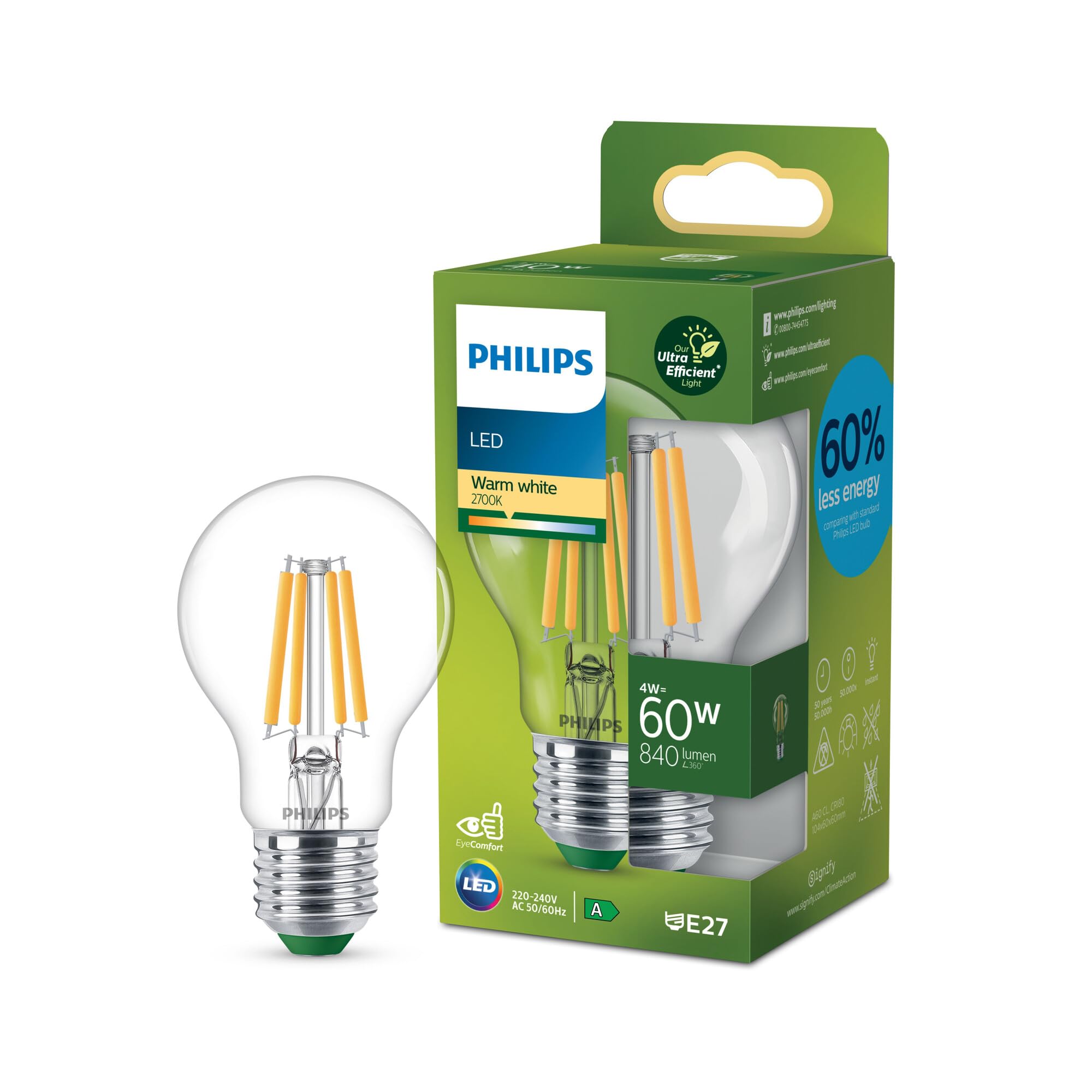 Philips Ultra Efficient - Ultra Energy Saving Lights, LED Light Source, 60W, A60, E27, Warm White 2700 Kelvin, Clear
