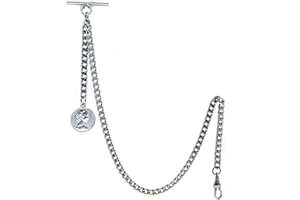 watchvshop Albert Chain Silver Tone Pocket Watch Chain Vest Chain for Men with Queen Design Medal Fob T Bar Swivel Clasp AC72A