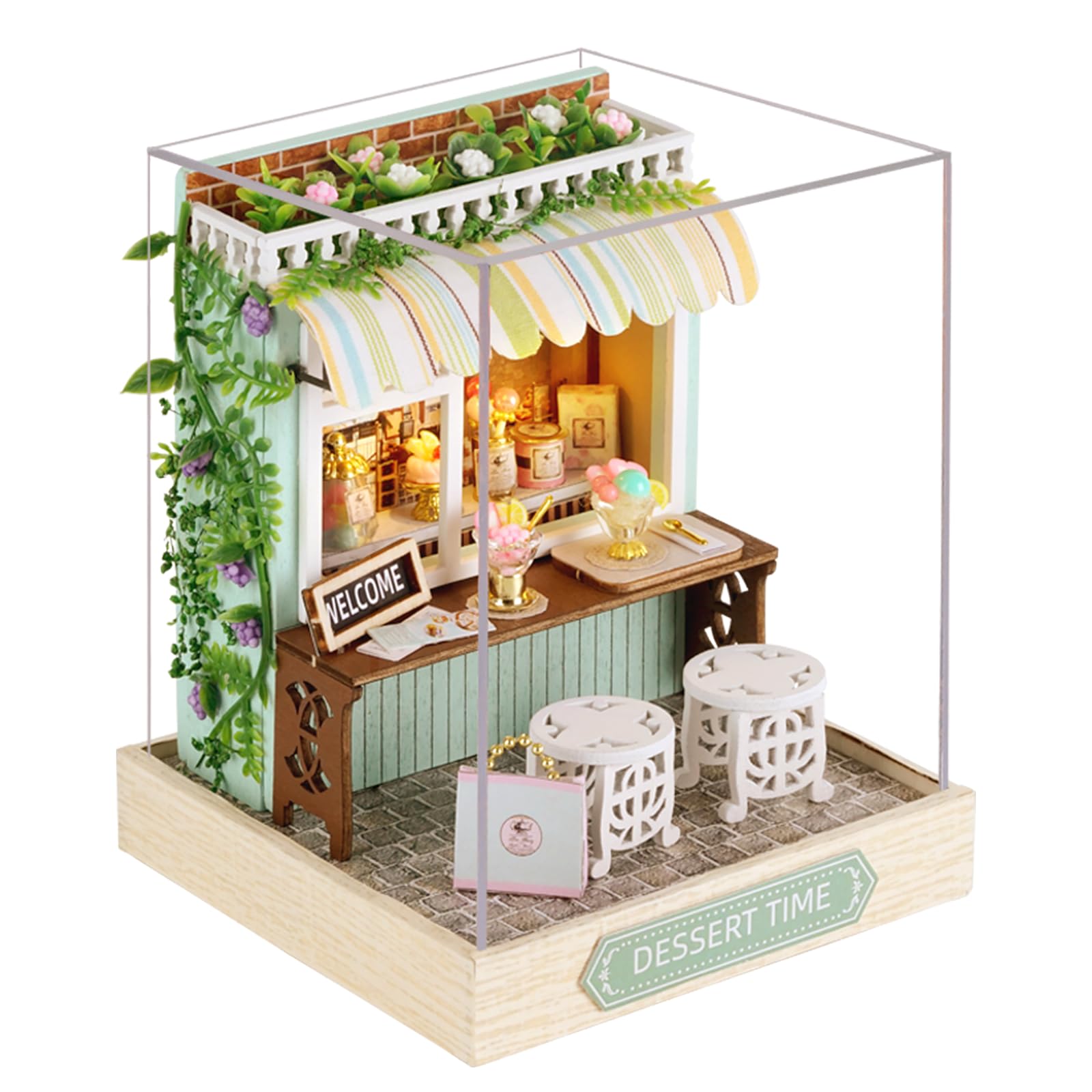 DIY Miniature House Kit - Wooden Dolls House with Dust Cover, Tiny Doll House Furniture Craft Kits Mini House Building Kit for Children Teens Adults Friends Birthday Home Decor(Dessert Time)