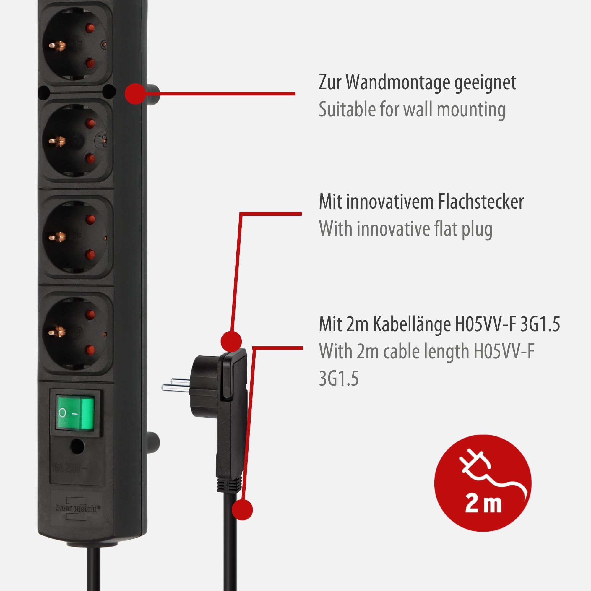 Brennenstuhl Comfort-Line Plus Steckdosenleiste 4-Fach (Mehrfachsteckdose mit Flachstecker, Schalter, 2m Kabel und extra breite Abstände der Steckdosen) schwarz 3