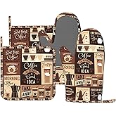 Oven Mitts Pot Holders Set Coffee Pattern Silicone Modern Art Kitchen Gloves Potholders Heat Resistant for Chef Baking Cooking Grilling BBQ 4 Pack Mitt