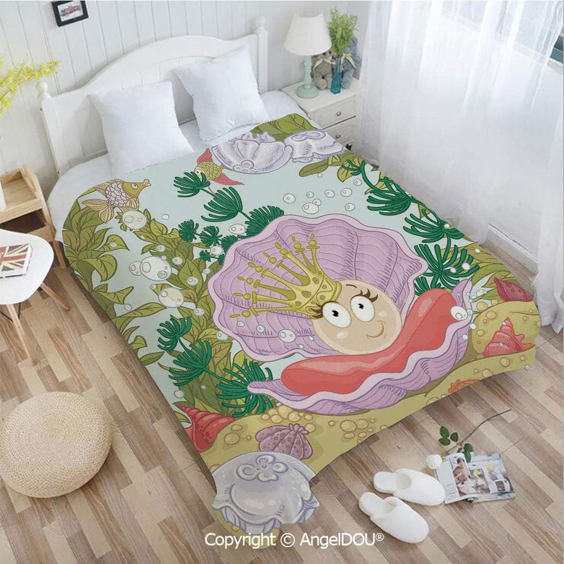 AngelDOU Sofa Blanket air Conditioner Blanket W59 xL78 Cute Princess Pearl in Clam with Crown Tiara Reef Cartoon Print Baby Girl Nursery Pri for Car Bedroom Home Decorative.