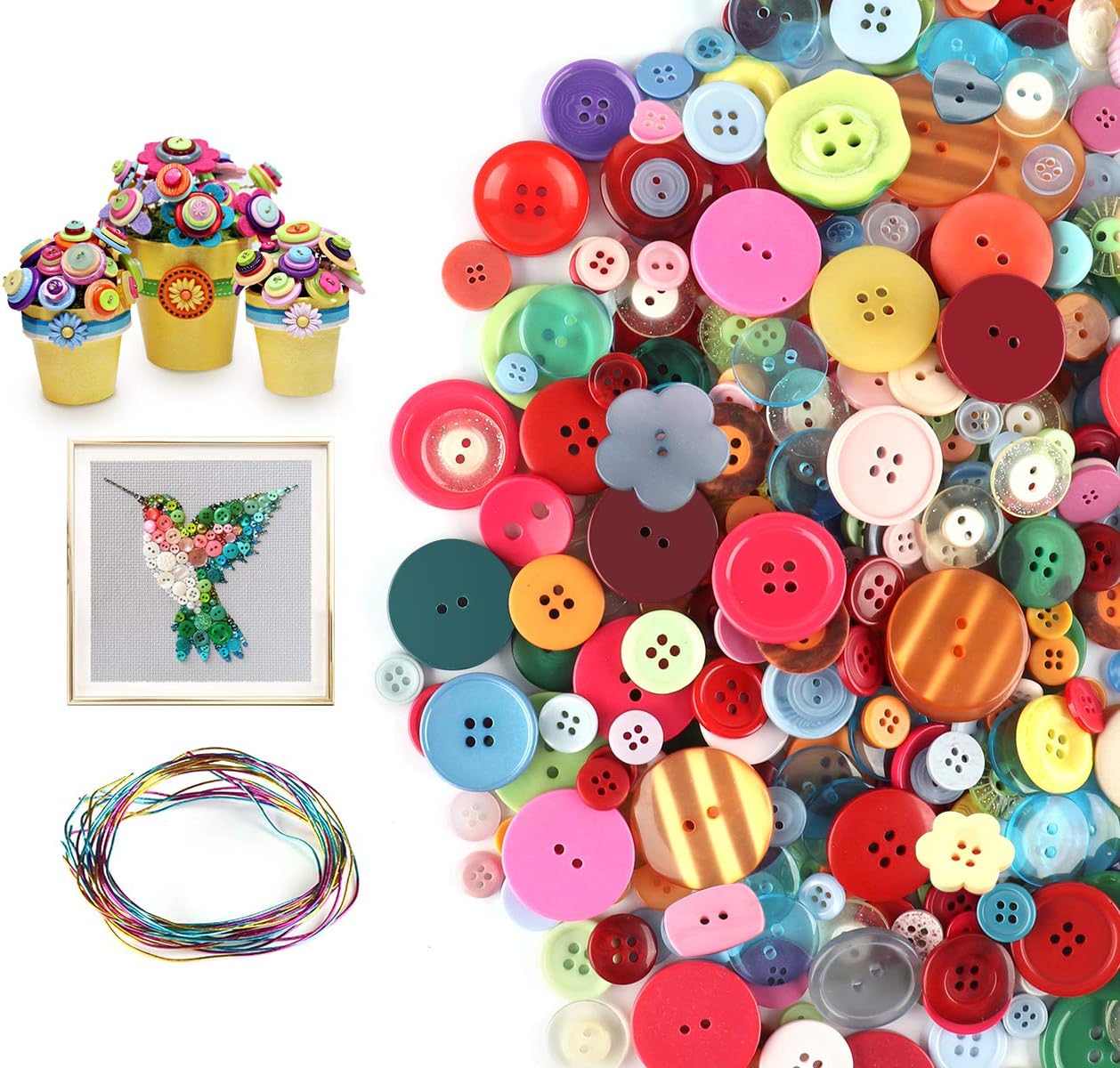 ilauke 1200 pcs Colorful Buttons, Mixed Colors Resin Craft Buttons with 10 pcs Colored Wires for Crafting Sewing