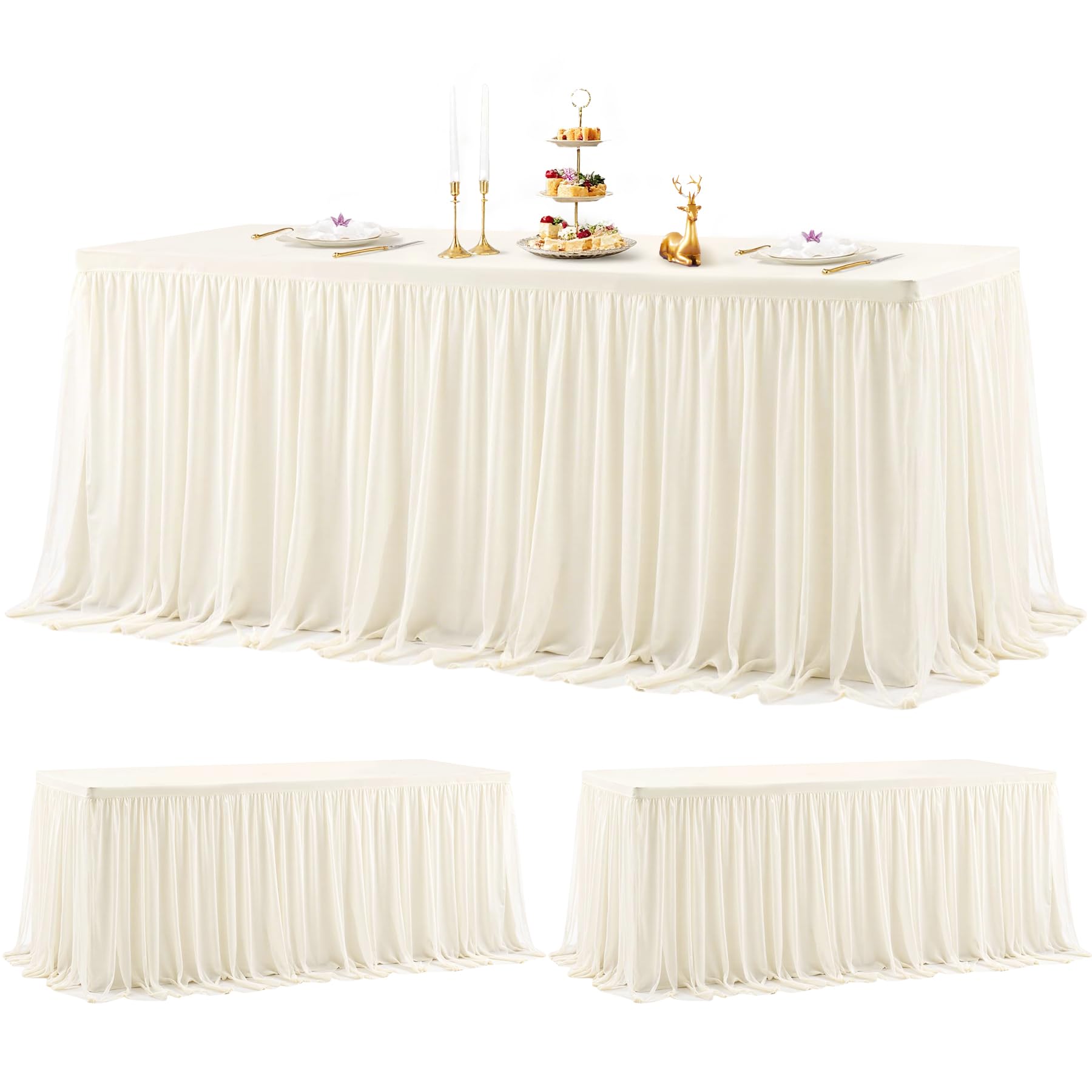 Photo 1 of 2 Pack Ivory Tablecloths for 6 Foot Rectangle Tables with Tulle Table Skirt Wedding Table Cover Stretchy Fitted Ruffle Tutu Tablecloth for Baby Shower Reception Birthday Parties Celebration Banquet