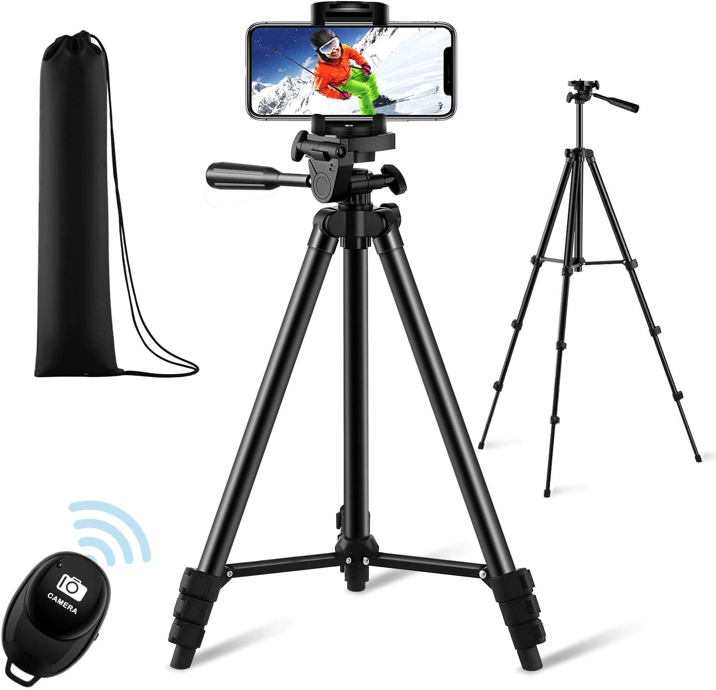【New Version】 Phone Tripod, Premium Aluminum Alloy Camera Tripod with Cell Phone Mount & Wireless Bluetooth Remote, Professional 50" Extendable Portable Tripod Stand, Compatible with iOS/Android : Camera & Photo
