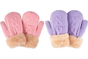 FENELY 2 Pairs Kids Winter Knit Gloves Boys Girls Warm Thermal Cable Knitted Gloves 2-6-10-14 Year Wool Fleece Lined Mittens