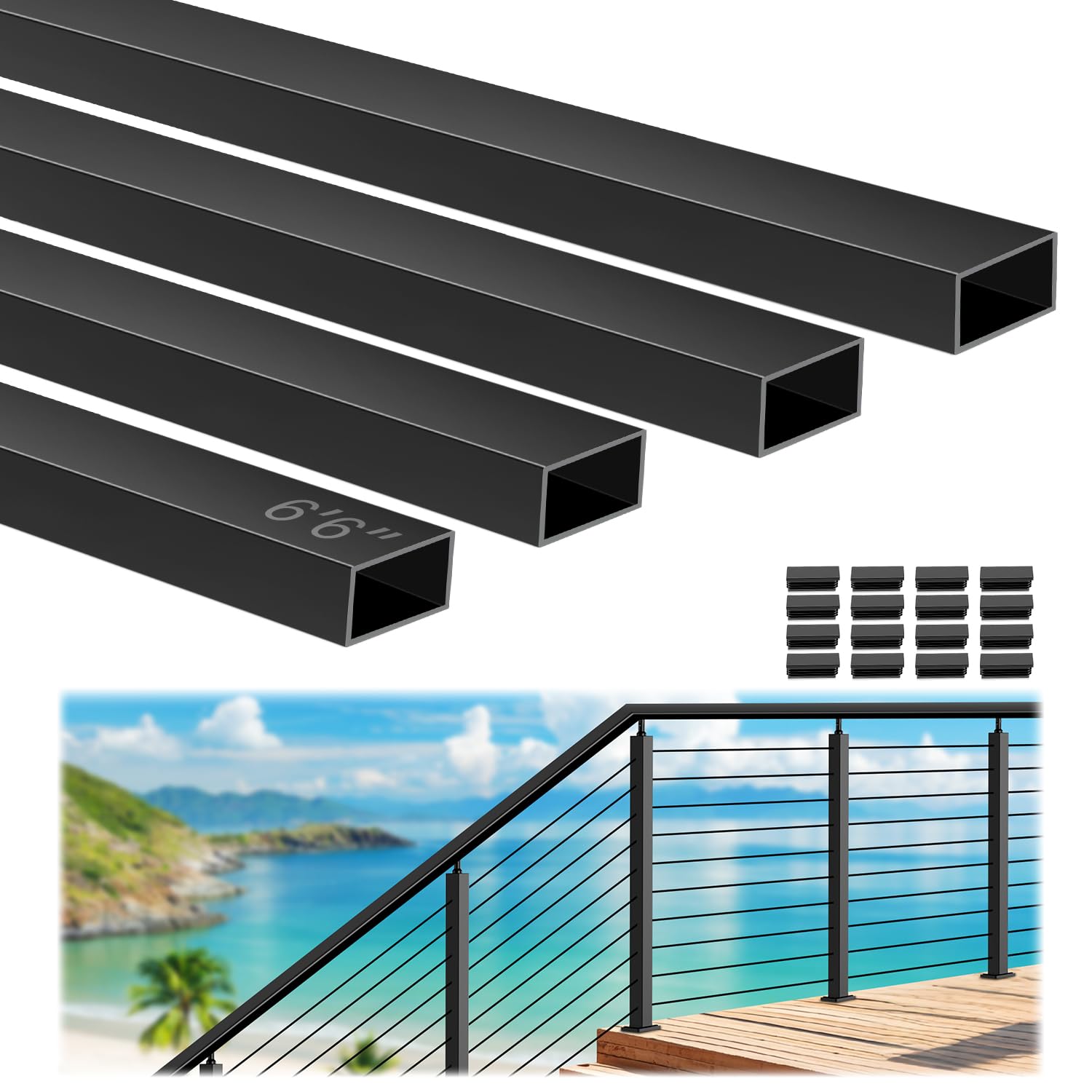 Photo 1 of Gyykzz 6'6" Aluminum Black Handrail Prefect for Coastal Project, 4 Pack Rectangular Flat Top Hand Rail for Outdoor Deck Stair Seaside Cable Railing System, Cuttable Deck Top Railing With Extra End Cap