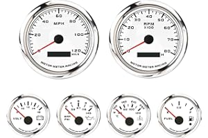 MOTOR METER RACING W PRO Series 6 Gauge Set - 85mm 3-3/8" GPS Speedometer & Tachometer 52mm 2-1/16" Volt, Fuel Level, Water Temperature & Oil Pressure White Dial Red LED - for Car, Boat & Truck