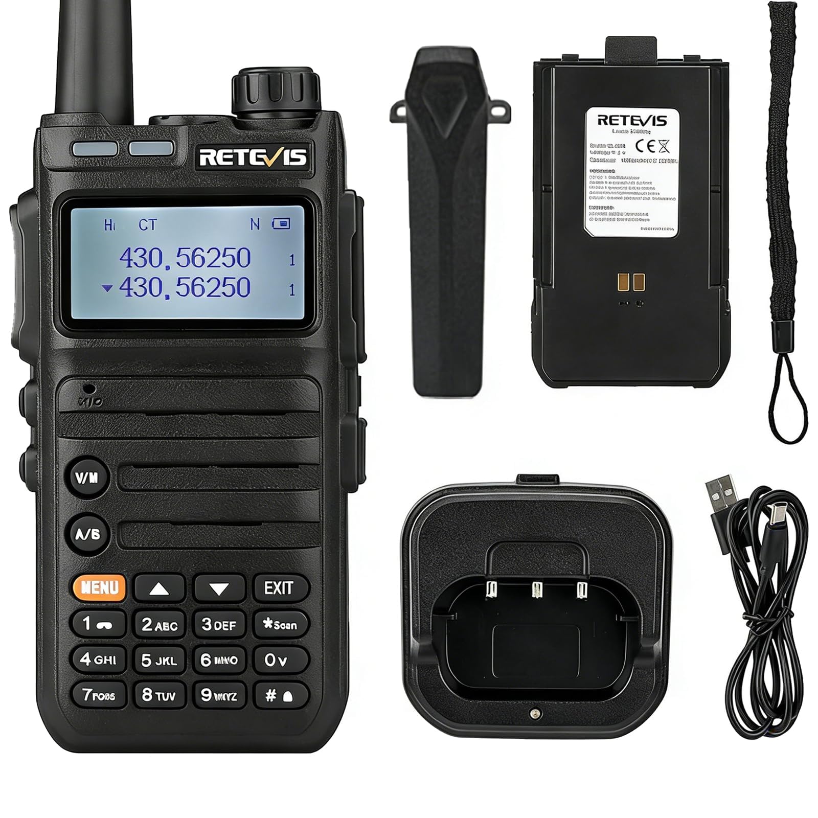 Retevis RA685 Walkie Talkie Dual Band, Long Range Two Way Radio 5W High Power, Amateur Radio, Ham Radio 1800mAh Flashlight FM Rechargeable Walkie Talkie Handheld for Beginner, Hunting (Black, 1Pcs)