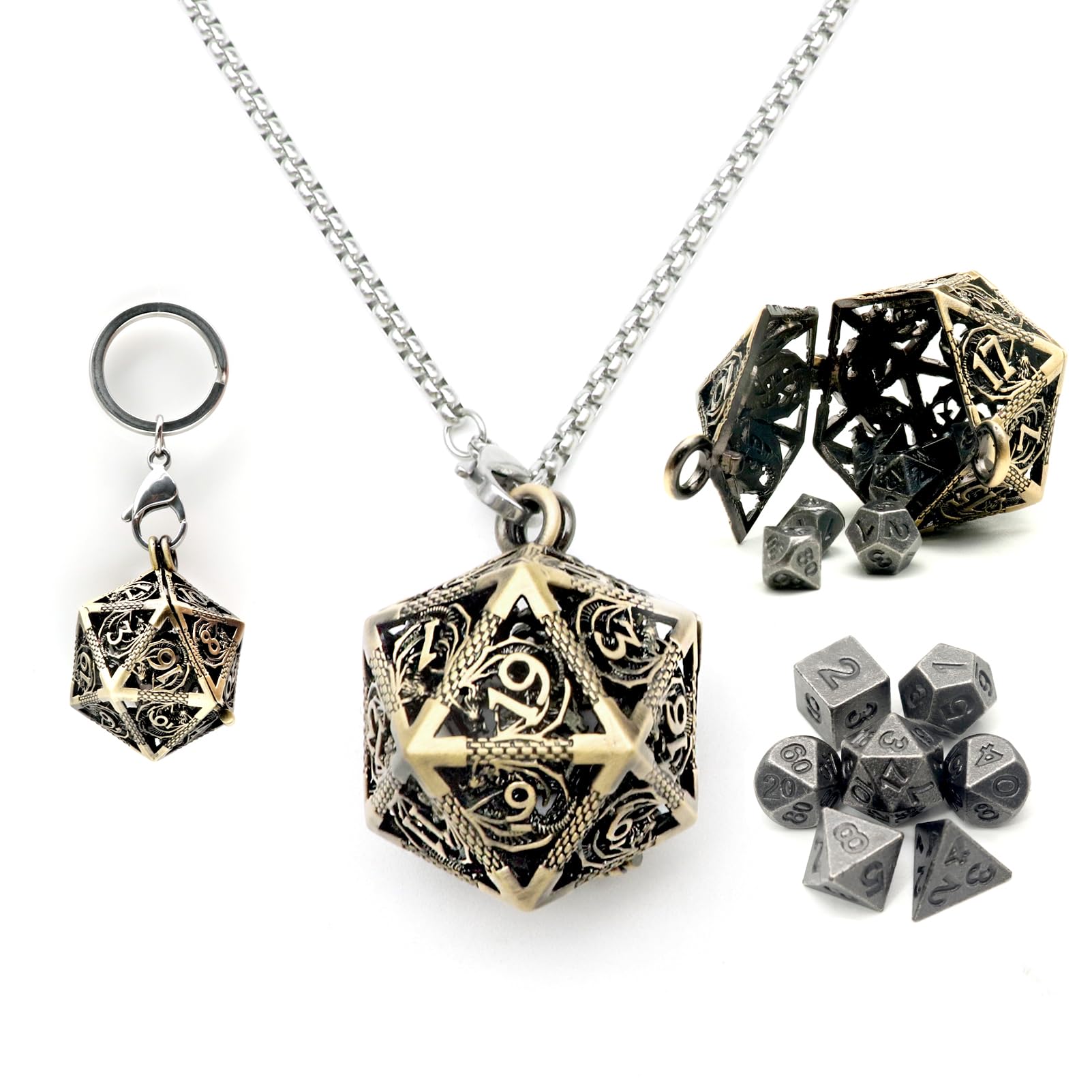 Haxtec Mini Metal DND Dice Set With Bronze Hollow D20 Necklace Dice Case Antique Tiny Metal Dice Set D&D Portable 7PCS Keychain Dice Set — image 1