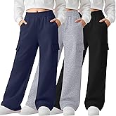 LessonZoo 3 Pack Girl's Wide Leg Sweatpants Cargo Pants Lightweight Baggy High Waisted Joggers Teen Girl Pants with Pockets