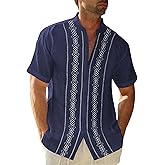 Cuban Guayabera Shirts for Men Short Sleeve Casual Button Down Shirt Band Collar Beach Camp Mexican Shirt