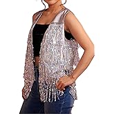 Edary Sequin Fringe Sleeveless Vest Sparkly Tassel Open Front Waistcoat Jackets Night Club Disco Vests Coat for Women
