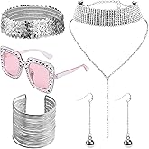 Beupy 7 Pc Silver Disco Set - 1970s Disco Accessories: Sparkling Sunglasses, Wire Coil Bracelets, Layered Necklace, Mesh Grid Tassel Earrings, Sequin Headband