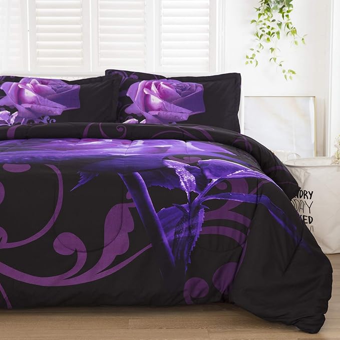Purple Comforter Set Queen Reversible Purple Rose Pattern