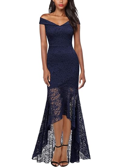 Miusol Abeidkleid Damen Elegant Spitzen Cocktailkleid Schulterfrei Lange Asymmetric Maxi Kleid