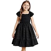 LYSmuch6-14T Tween Girl Short Sleeve Dress Ruffle Polka Dresses Kids Concert Square Neck Solid Frocks