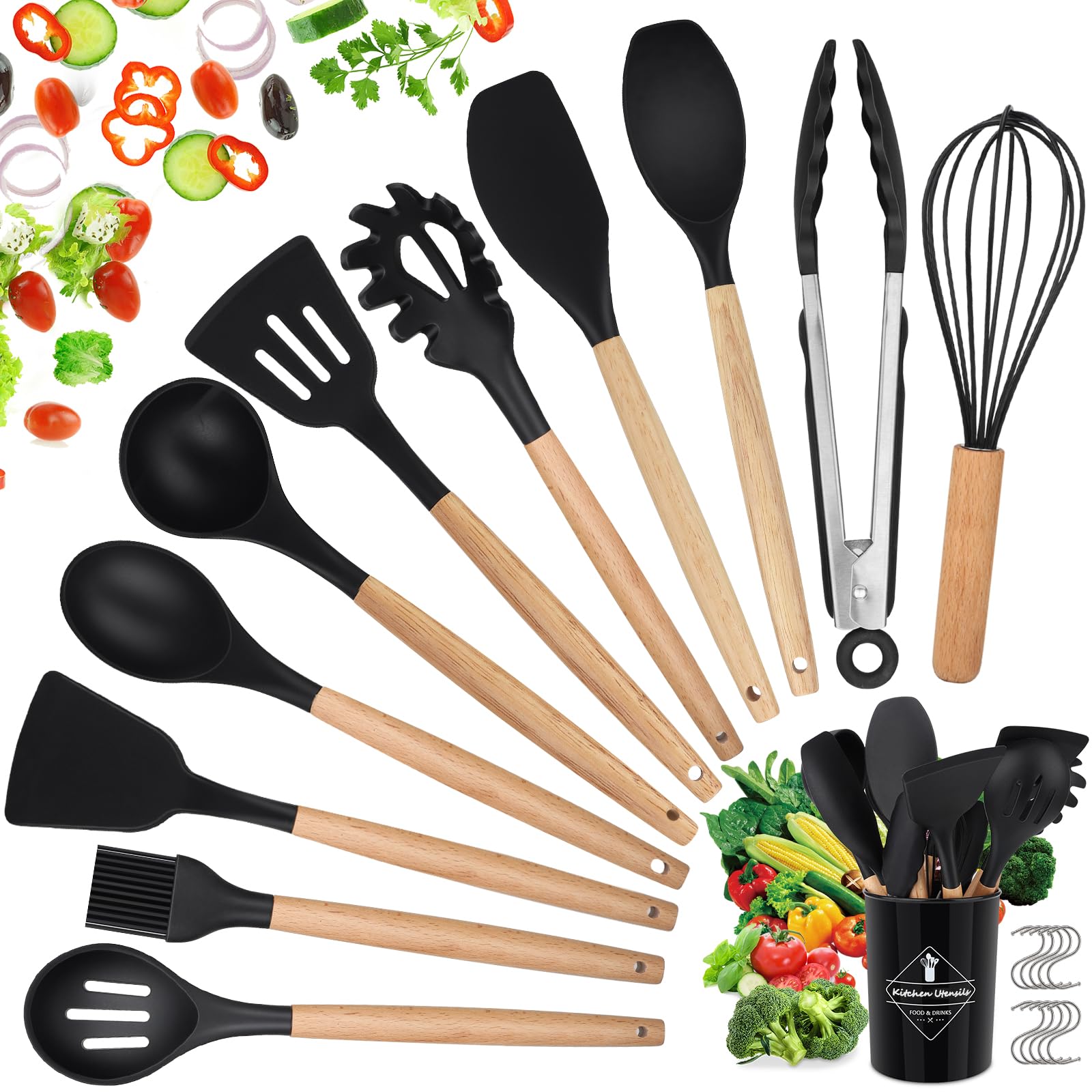 Kitchen Utensil Set, hicoosee 22 Pieces Silicone Cooking Utensils Set, Natural Wooden Handles Cooking Tool BPA Free Non Toxic Non Stick Heat Resistant Silicone Kitchen Gadgets Utensil Set, Black 01