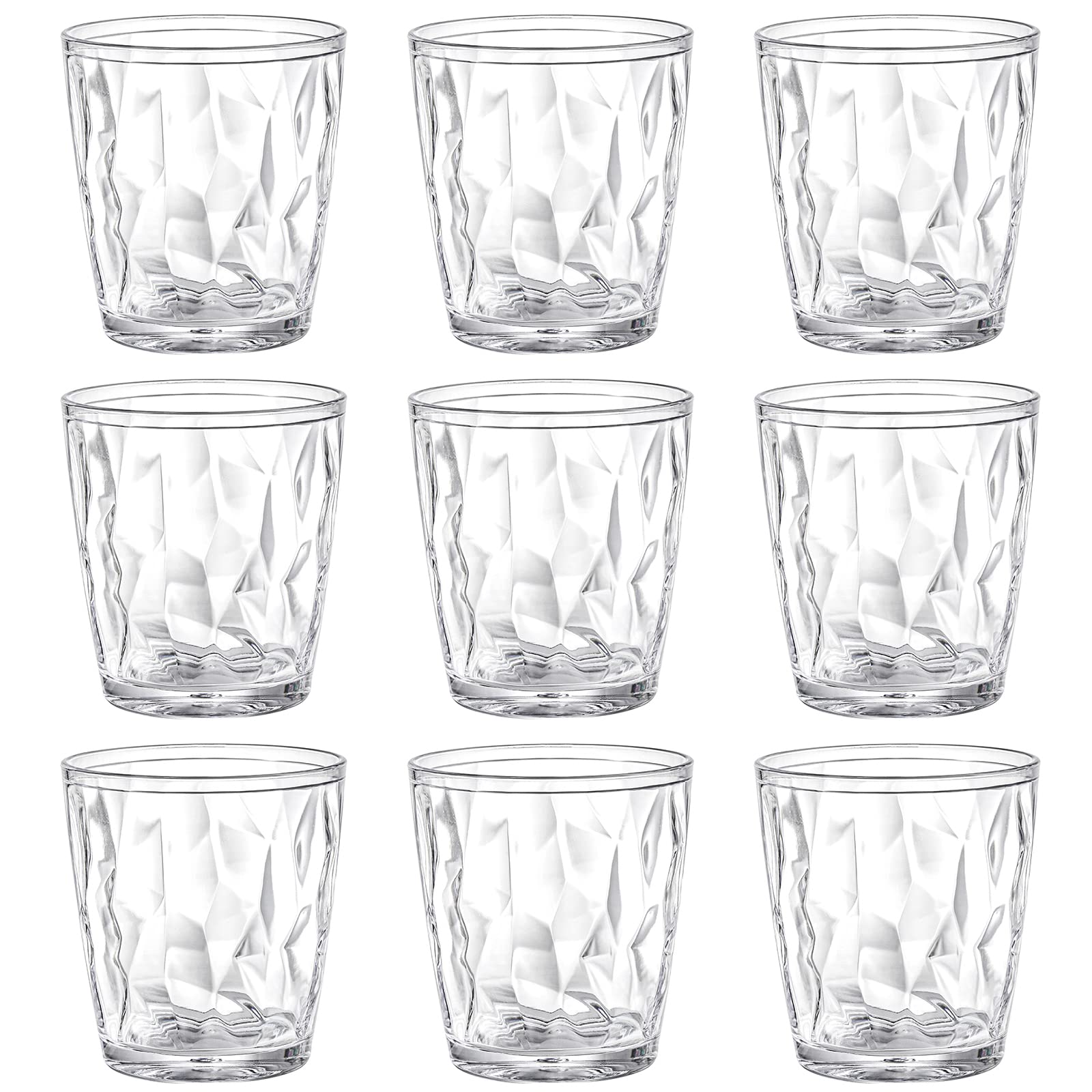Hedume 9 Pack 10-Ounce Plastic Water Tumblers, Transparent Drinking Glasses, Clear Acrylic Reusable Juice Wine Cups Stackable for Home, Picnic Party