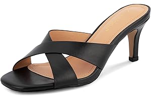 Greatonu Women's Square Toe Summer Heels Mules Cross Strap Slip on 2.5 Inch kitten Heeled Sandals