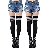 Ramede 2 Pairs Women's Three Stripes Thigh High Socks Extra Long High Thigh Socks Striped over Knee Long Opaque Stockings